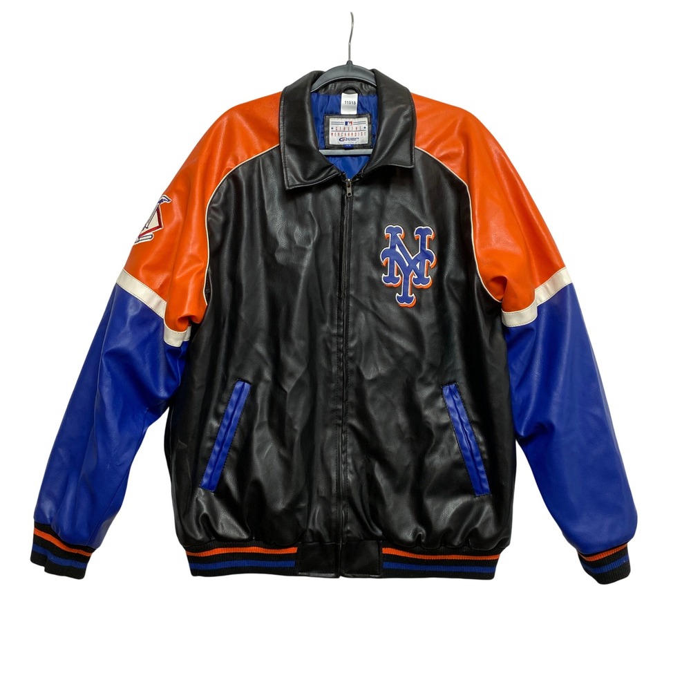 New York Mets Jacket Mens Large Black Faux Leather Varsity Bomber G-III Sports